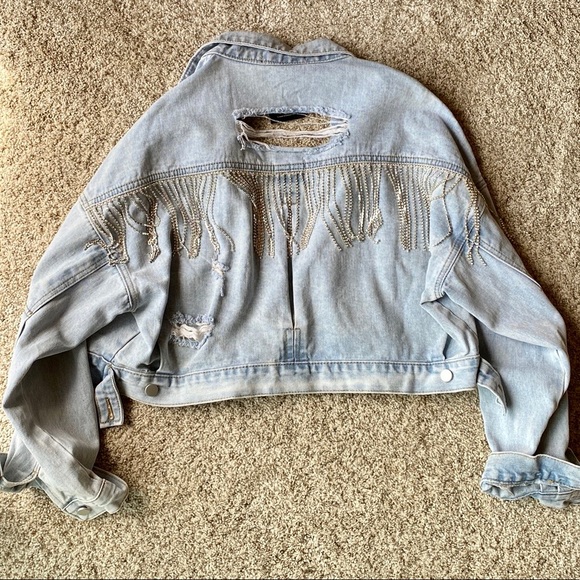 Distressed cropped bling denim jacket - Picture 2 of 4